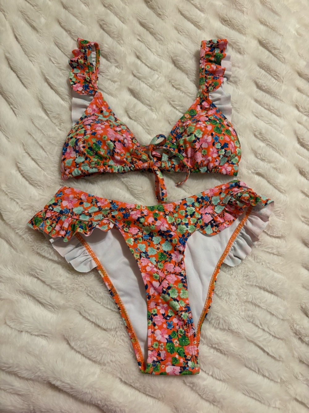 Amazon Floral Ruffle Bikini Set in Coral, Pink & Green